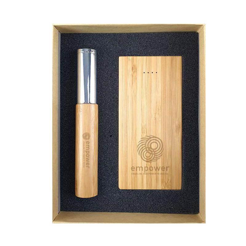 Natural Cardboard Gift Box With Bamboo Pen with Case & Bamboo Wireless Powerbank